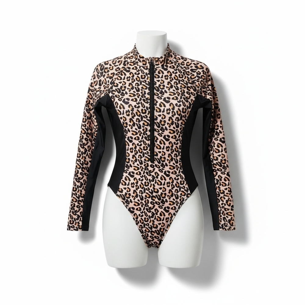 Leopard Print Long Sleeve Swimsuit
